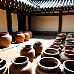 An authentic scene showcasing large traditional Korean *onggi* clay jars, filled with fermenting *jang* sauces, neatly arranged in a sunny outdoor courtyard. The jars are of varying sizes, exhibiting their rustic, earthy textures. Gentle sunlight illuminates the scene, highlighting the cultural heritage and ancient art of fermentation. The background features a subtle traditional Korean building or a natural landscape. Professional photography, high resolution, sharp focus, natural colors, safe for work, appropriate content, modest, family-friendly.