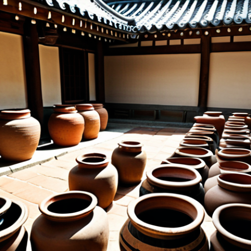 An authentic scene showcasing large traditional Korean *onggi* clay jars, filled with fermenting *jang* sauces, neatly arranged in a sunny outdoor courtyard. The jars are of varying sizes, exhibiting their rustic, earthy textures. Gentle sunlight illuminates the scene, highlighting the cultural heritage and ancient art of fermentation. The background features a subtle traditional Korean building or a natural landscape. Professional photography, high resolution, sharp focus, natural colors, safe for work, appropriate content, modest, family-friendly.