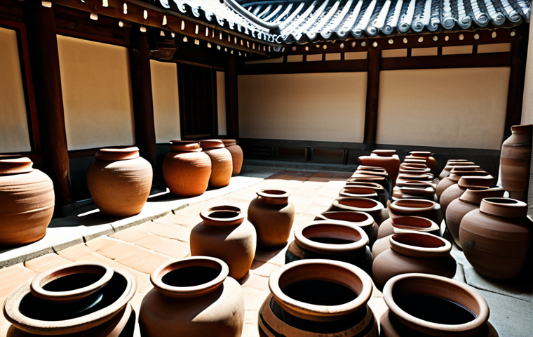 An authentic scene showcasing large traditional Korean *onggi* clay jars, filled with fermenting *jang* sauces, neatly arranged in a sunny outdoor courtyard. The jars are of varying sizes, exhibiting their rustic, earthy textures. Gentle sunlight illuminates the scene, highlighting the cultural heritage and ancient art of fermentation. The background features a subtle traditional Korean building or a natural landscape. Professional photography, high resolution, sharp focus, natural colors, safe for work, appropriate content, modest, family-friendly.