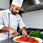 Modern Spanish Chef Experimenting with Gochujang**

A professional chef in a modern Spanish kitchen, wearing a clean white chef's coat, experimenting with gochujang while preparing a dish. The kitchen features stainless steel appliances and fresh vegetables. He is adding a small amount of gochujang to a scallop. Safe for work, appropriate content, fully clothed, professional, perfect anatomy, correct proportions, well-formed hands, proper finger count, natural pose, high quality.

**