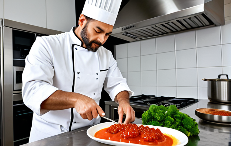 Modern Spanish Chef Experimenting with Gochujang**

A professional chef in a modern Spanish kitchen, wearing a clean white chef's coat, experimenting with gochujang while preparing a dish. The kitchen features stainless steel appliances and fresh vegetables. He is adding a small amount of gochujang to a scallop. Safe for work, appropriate content, fully clothed, professional, perfect anatomy, correct proportions, well-formed hands, proper finger count, natural pose, high quality.

**