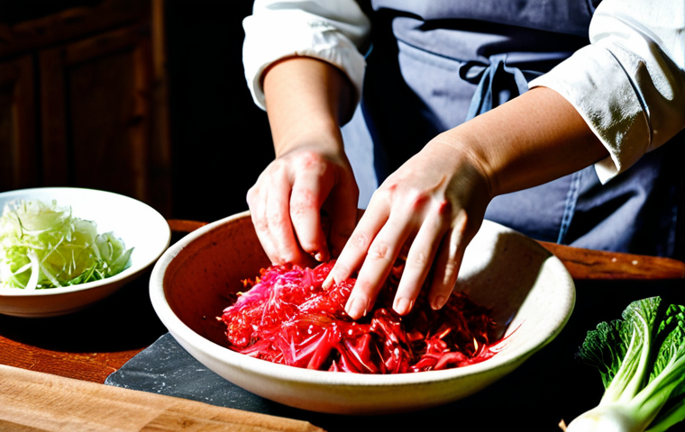 김치의 종류와 제조법 - Kimchi Preparation - "From Garden to Table"**

"Close-up of hands preparing kimchi ingredients in a ...