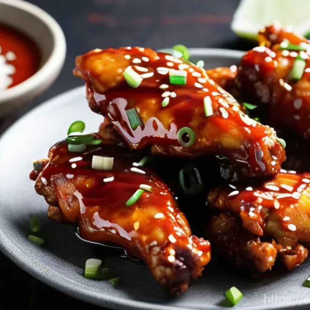 고추장의 역사 - A close-up, highly appetizing photograph of crispy, glazed chicken wings, generously coated in a vib...