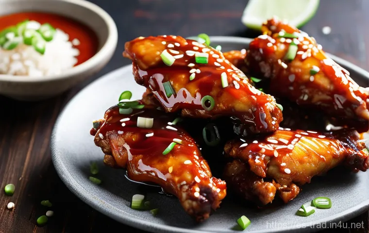 고추장의 역사 - A close-up, highly appetizing photograph of crispy, glazed chicken wings, generously coated in a vib...