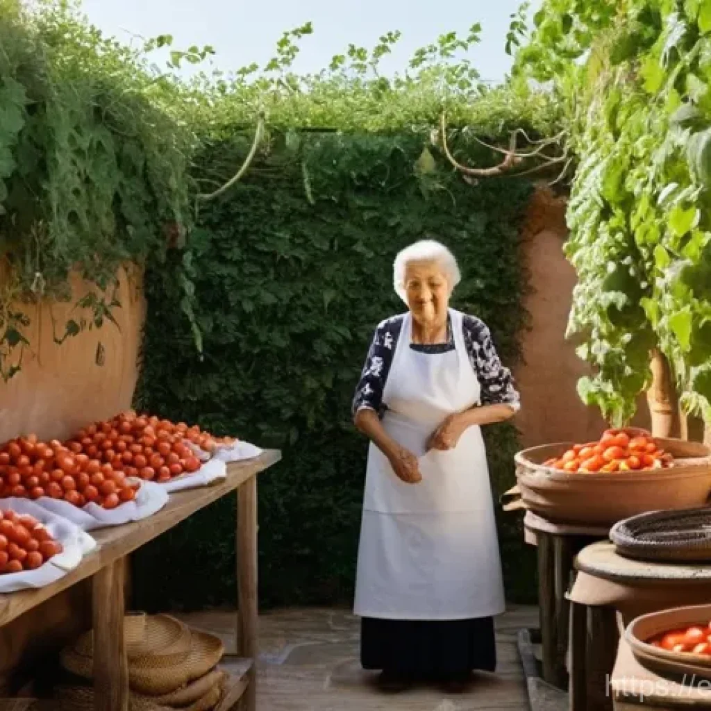 전통식품의 보관 방법 - **"Golden Hour Sun-Kissed Drying"**: An elderly Spanish "abuela" (grandmother), with a gentle smile ...