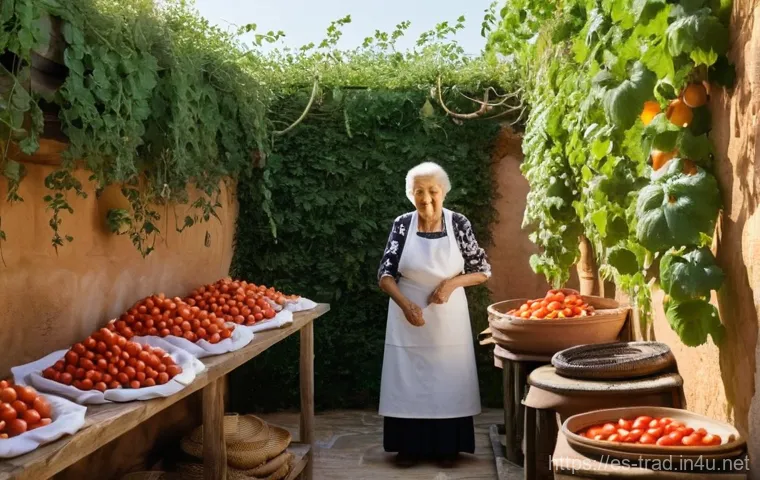 전통식품의 보관 방법 - **"Golden Hour Sun-Kissed Drying"**: An elderly Spanish "abuela" (grandmother), with a gentle smile ...