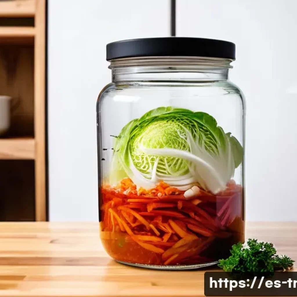 전통김치의 숙성 기간 - A detailed kitchen scene showing the homemade kimchi fermentation process: a glass jar with tightly ...