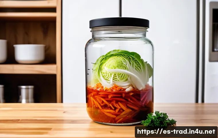 전통김치의 숙성 기간 - A detailed kitchen scene showing the homemade kimchi fermentation process: a glass jar with tightly ...