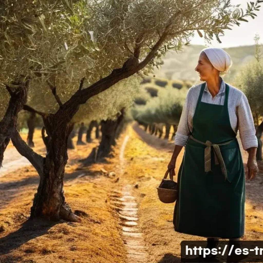 전통식품의 제조 기술 - A sunlit Andalusian olive grove at golden hour, a lone artisan (older woman with weathered hands, si...