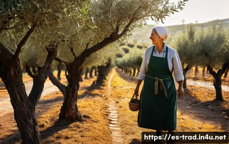 전통식품의 제조 기술 - A sunlit Andalusian olive grove at golden hour, a lone artisan (older woman with weathered hands, si...
