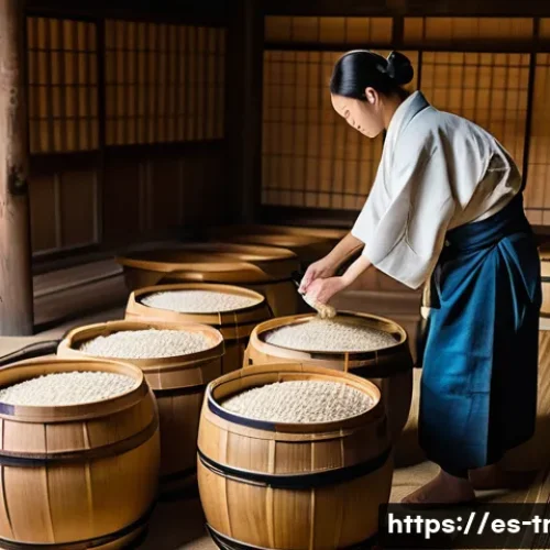 된장의 역사 - A traditional Japanese miso fermentation scene in a rustic rural setting: large wooden barrels fille...