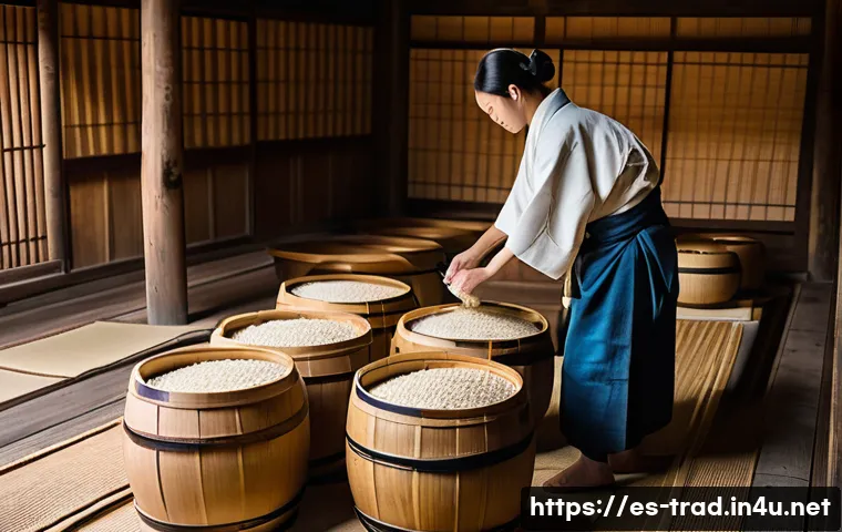 된장의 역사 - A traditional Japanese miso fermentation scene in a rustic rural setting: large wooden barrels fille...