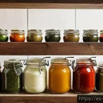 전통 장류 보관법 - A rustic kitchen scene featuring a variety of homemade sauces stored in clear glass jars with airtig...