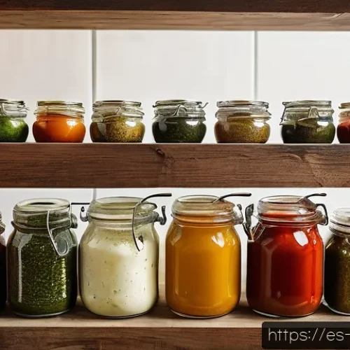 전통 장류 보관법 - A rustic kitchen scene featuring a variety of homemade sauces stored in clear glass jars with airtig...