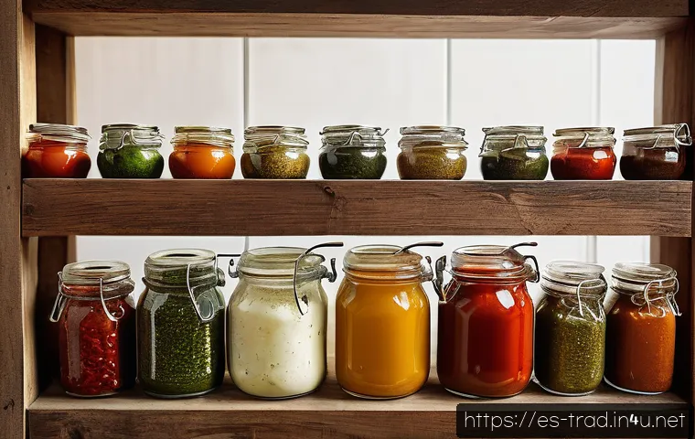 전통 장류 보관법 - A rustic kitchen scene featuring a variety of homemade sauces stored in clear glass jars with airtig...
