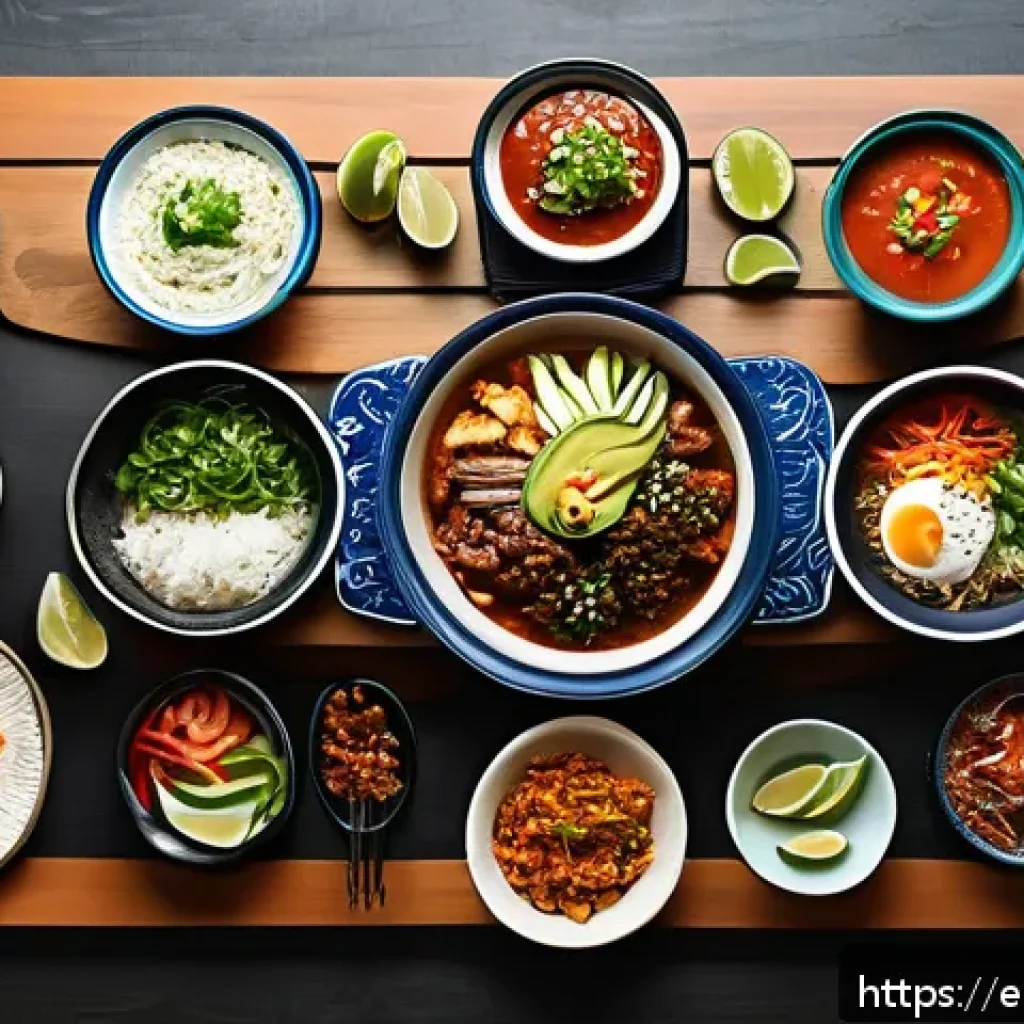 한국 전통식품의 해외 인기 - A vibrant Korean dining table set in a modern Mexican home, featuring a colorful spread of tradition...