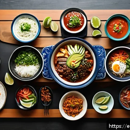 한국 전통식품의 해외 인기 - A vibrant Korean dining table set in a modern Mexican home, featuring a colorful spread of tradition...