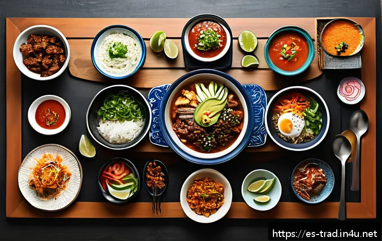 한국 전통식품의 해외 인기 - A vibrant Korean dining table set in a modern Mexican home, featuring a colorful spread of tradition...