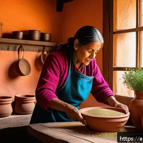 재래식푸드 주원료 - A vibrant, sunlit rustic kitchen scene in a traditional Andean home, featuring a middle-aged Hispani...