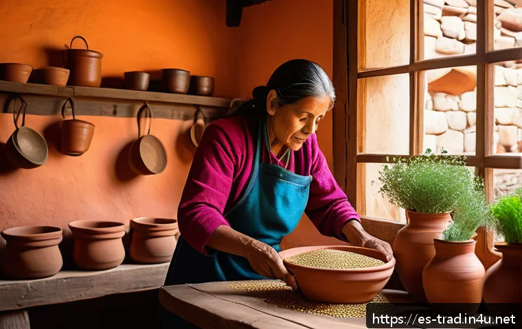 재래식푸드 주원료 - A vibrant, sunlit rustic kitchen scene in a traditional Andean home, featuring a middle-aged Hispani...