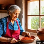 전통 장류의 역사 - A vibrant traditional Spanish kitchen scene showcasing an elderly woman wearing a colorful apron and...