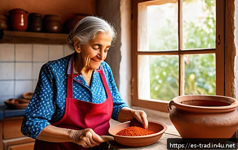 전통 장류의 역사 - A vibrant traditional Spanish kitchen scene showcasing an elderly woman wearing a colorful apron and...