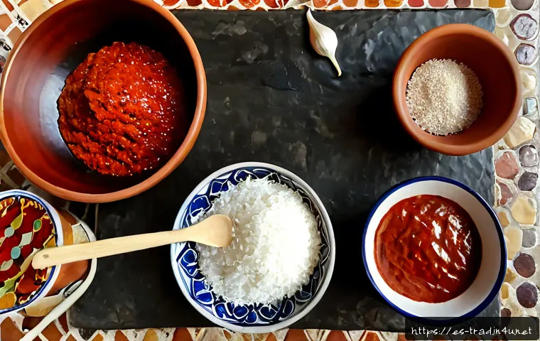 고추장 제조법 - Photorealistic overhead view of a Spanish home kitchen table preparing a rich fermented red pepper p...