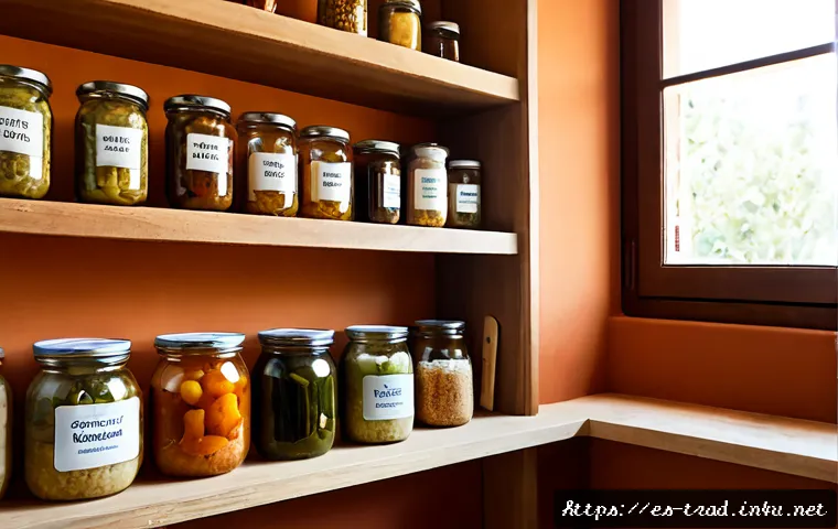 전통 발효식품의 보관법 - Photorealistic Spanish home kitchen scene showing safe storage of traditional fermented foods: seale...