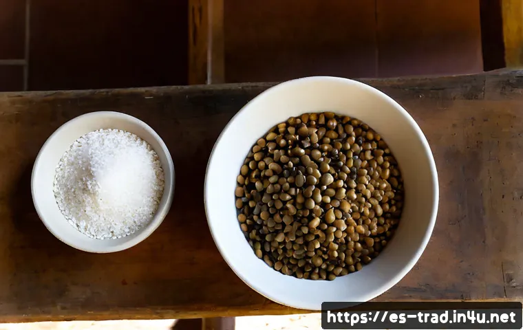 Home 17 국산 된장 원재료 - Photorealistic overhead still life of simple ingredients for homemade fermented soybean paste: dried...