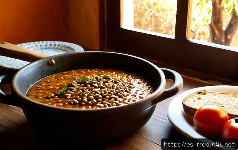 Home 17 전통식품 - Photorealistic rustic Spanish kitchen table with a traditional clay cazuela of steaming lentil stew,...