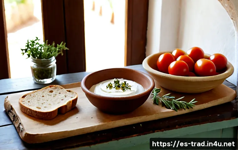 Home 17 전통식품의 건강 영향 - Photorealistic Mediterranean kitchen table featuring traditional Spanish fermented foods and wholeso...